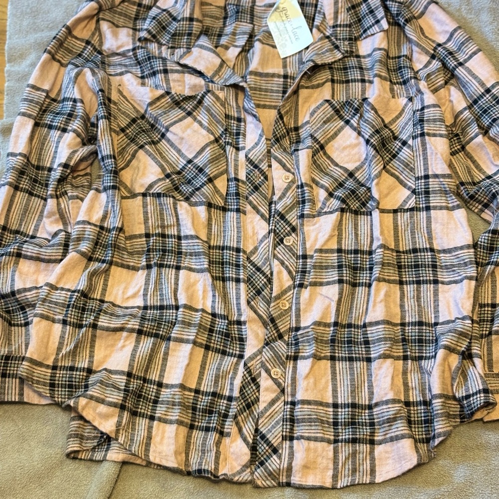 Grace & Lace Plaid Button Down Shirt - Pink and Black